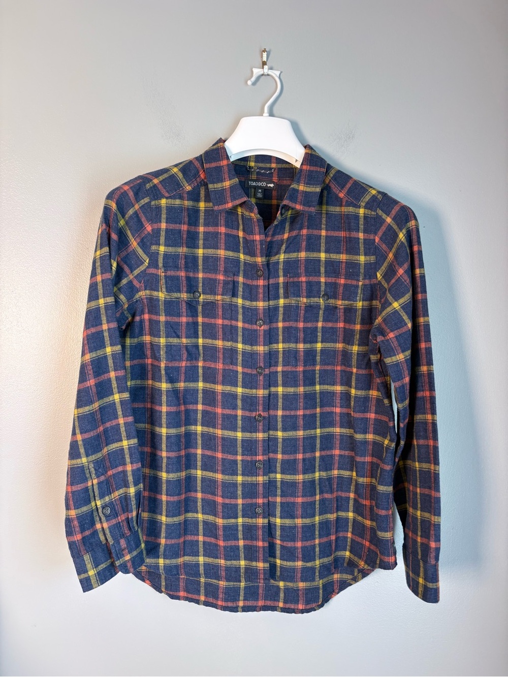Toad&Co Womens Medium Re-Form Flannel Shirt Plaid Long Sleeve Navy Yellow Orange